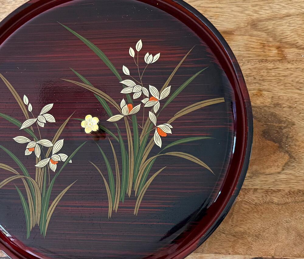 Japanese Lacquer Lazy Susan Red Hand Painted Narcissus Spinning Tray Vintage